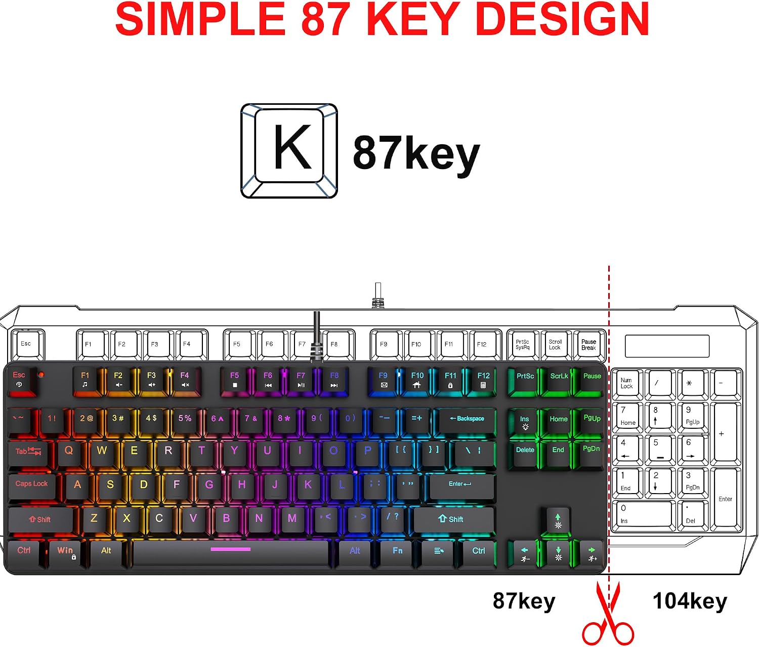 Gaming Mechanical Keyboard, Ergonomic Design, 87 Keys, Multiple Backlight Effects, 1.5m Cable,USB-A Connector Cable, Rich Shortcut Keys - Image 2