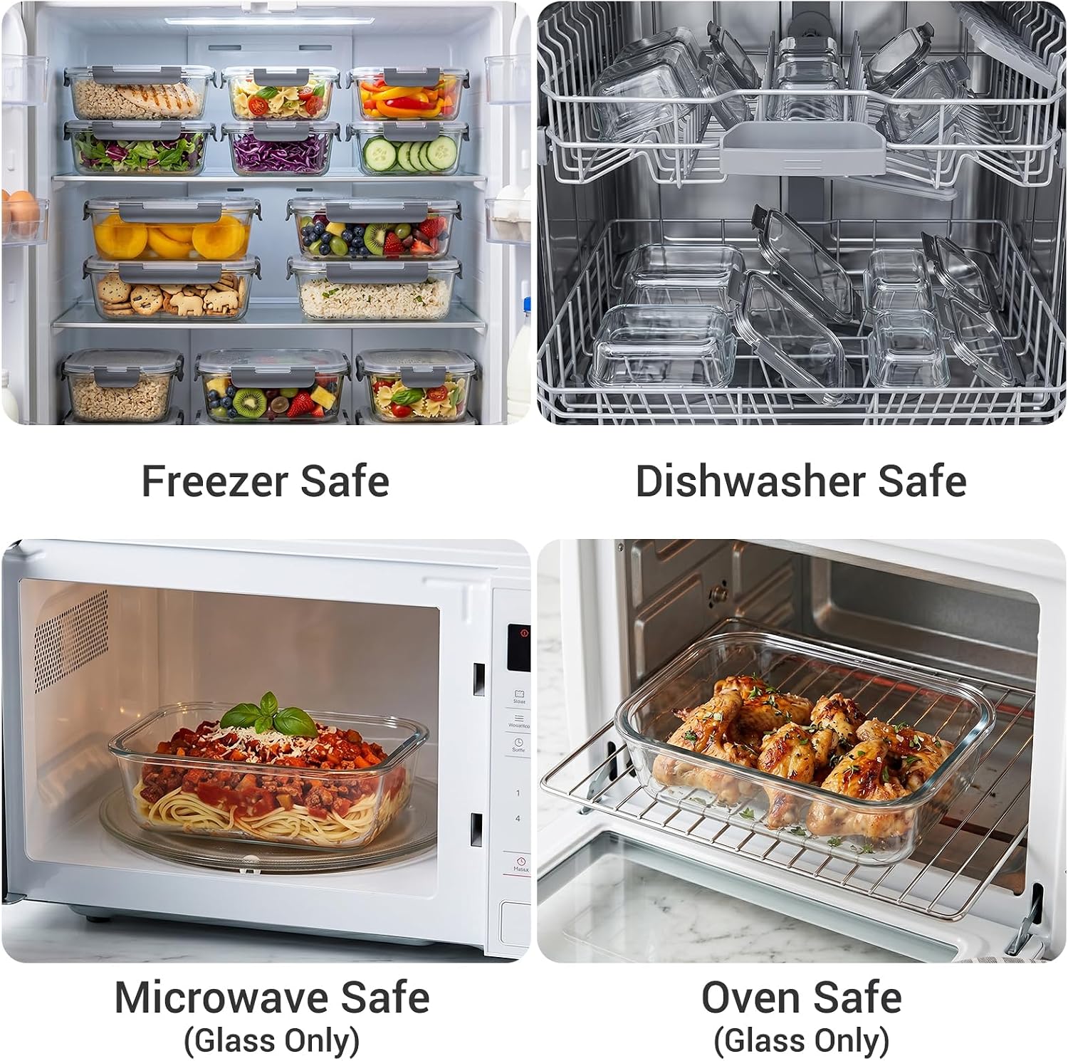 Dealusy 10 Sets 36 oz & 12 oz Glass Food Storage Containers with lids, Gray | 20-Piece Airtight Leak-proof Glass Meal Prep Containers with Lids, Microwave Oven Freezer Dishwasher Safe - Image 5