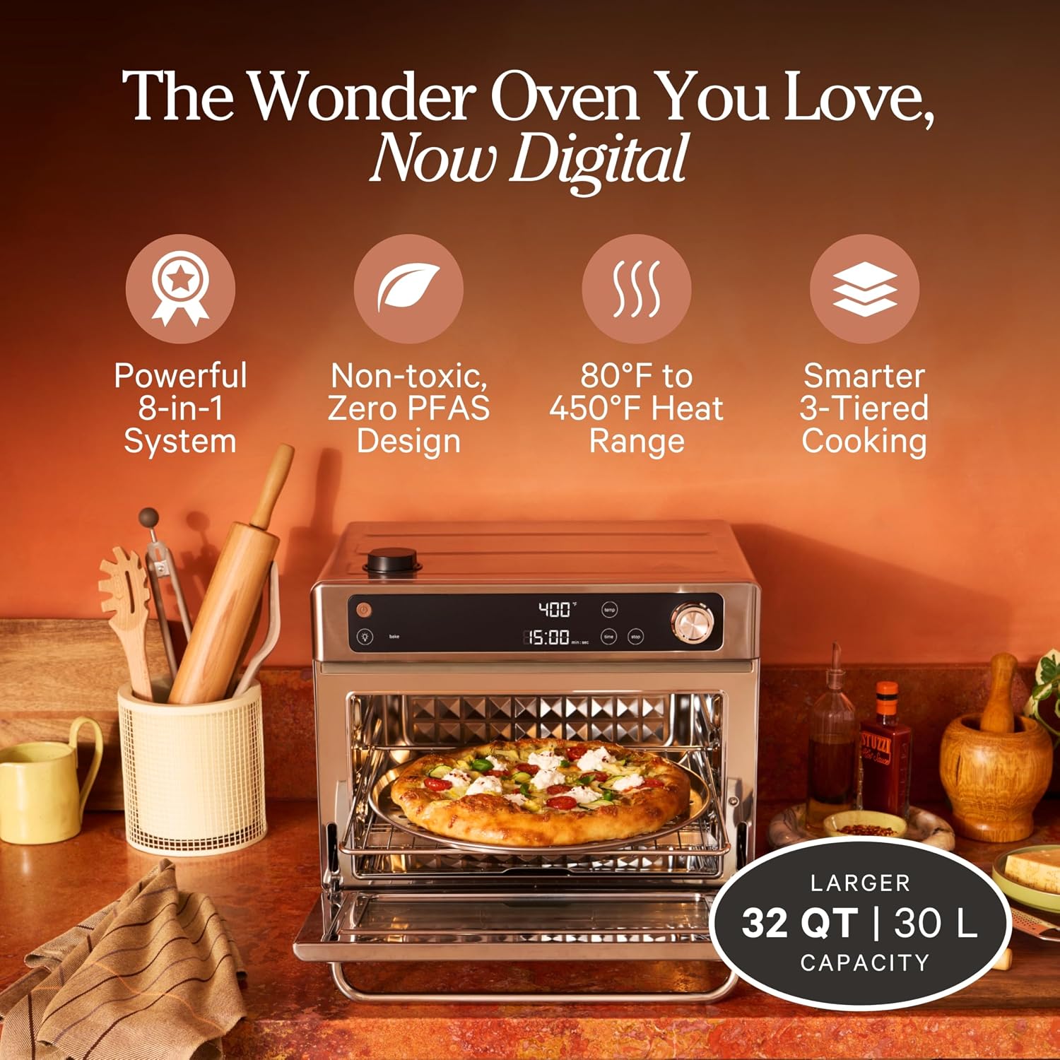 Our Place Wonder Oven Pro, 8-in-1 Digital Air Fryer Oven, 3-Rack, 32 Qt | Non-toxic air fryer toaster oven combo; basket, rack, pan, tray; air fry, toast, roast, bake, reheat, broil, proof, dehydrate - Image 2