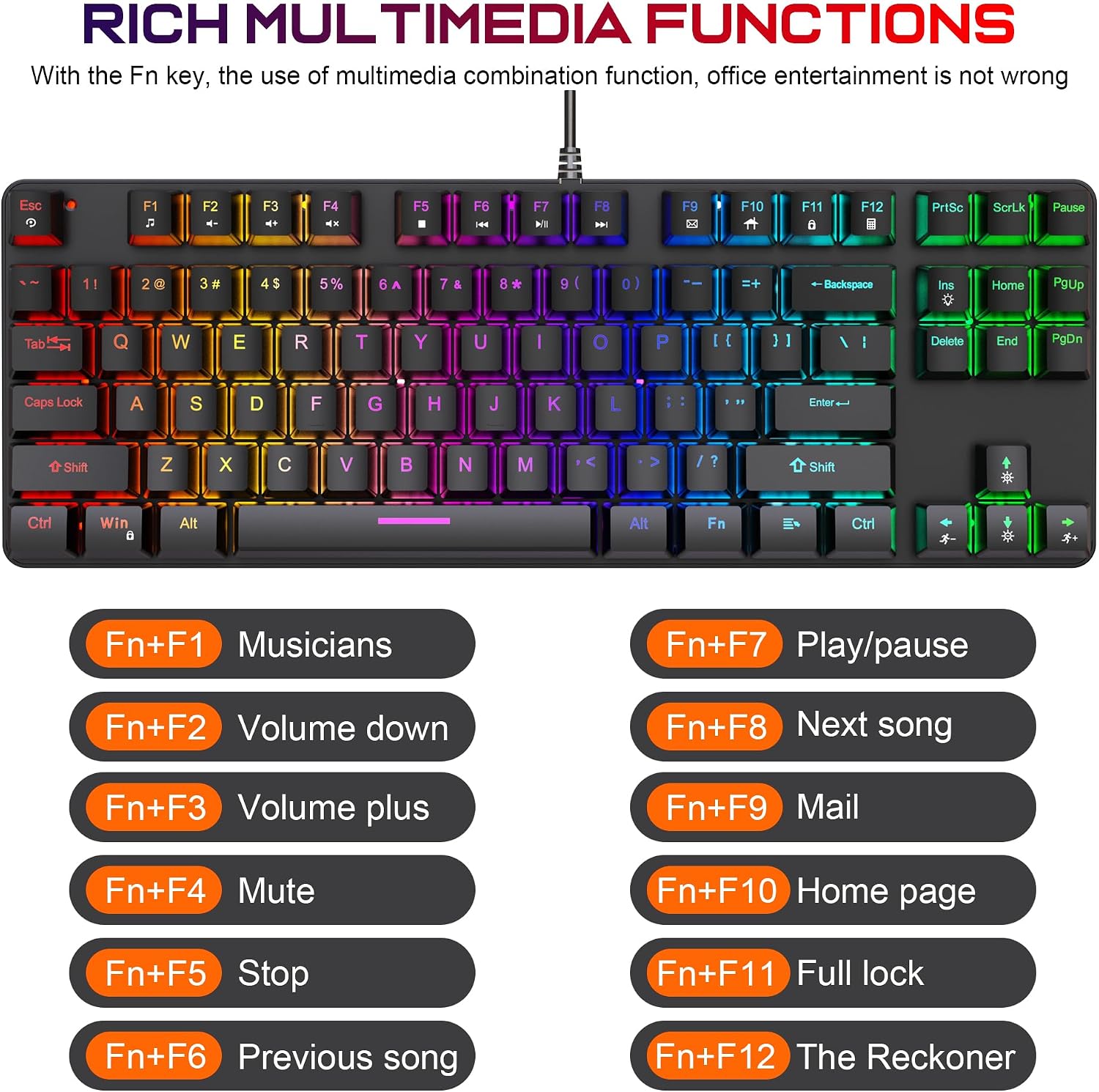 Gaming Mechanical Keyboard, Ergonomic Design, 87 Keys, Multiple Backlight Effects, 1.5m Cable,USB-A Connector Cable, Rich Shortcut Keys - Image 8