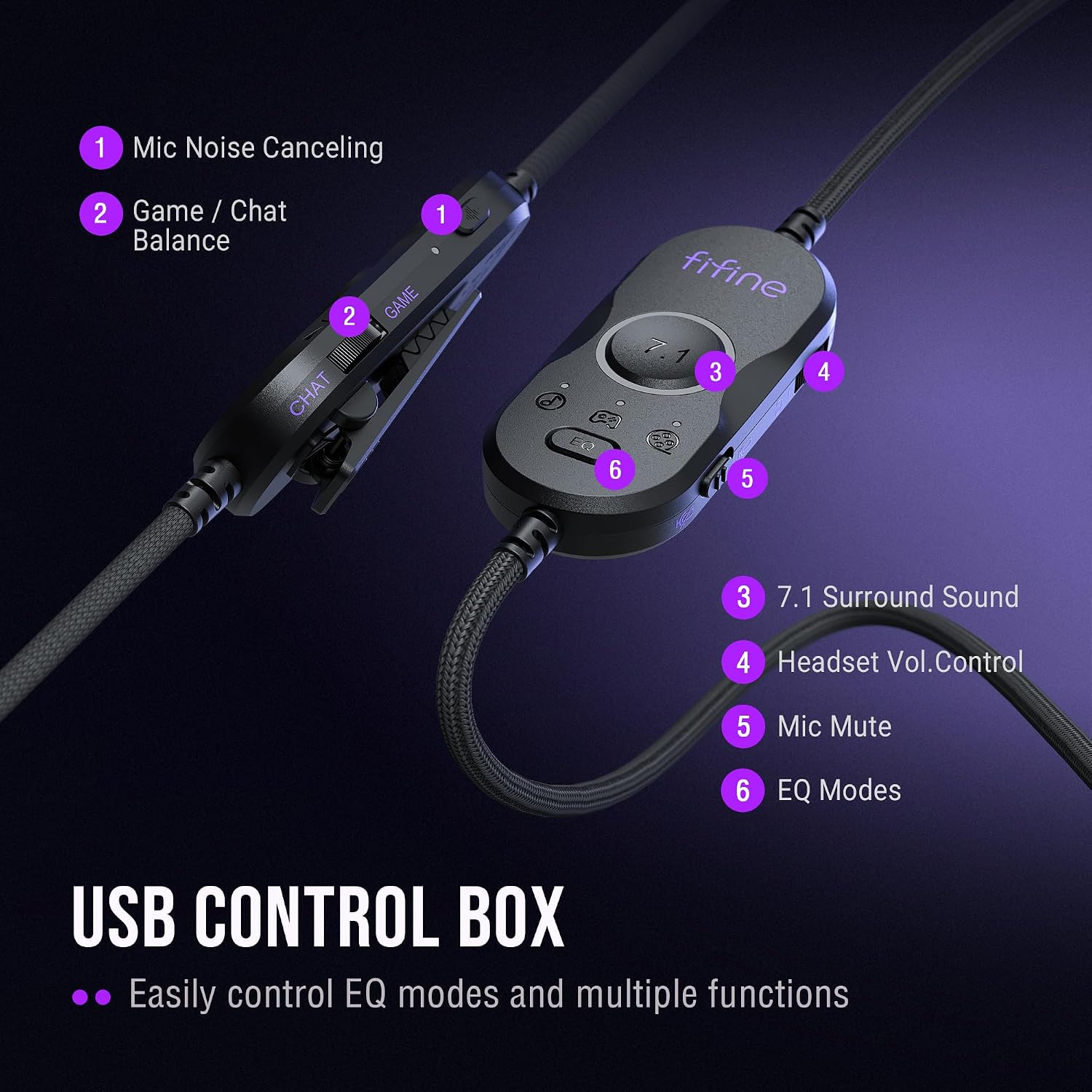 FIFINE Wired Gaming Headsets: 7.1 Surround Sound - Vibrant Customizable RGB - Game/Chat Balance, USB Gamer Headphones with Noise Canceling Microphone for PC, PS5/PS4, Laptop, Mac - AmpliGame H13BP | Large 50mm drivers, Crisp 7.1 Surround, Ergonomic Earpads, Active Noise Canceling Mic, 11 Modes RGB, 3 EQ Modes - Image 6