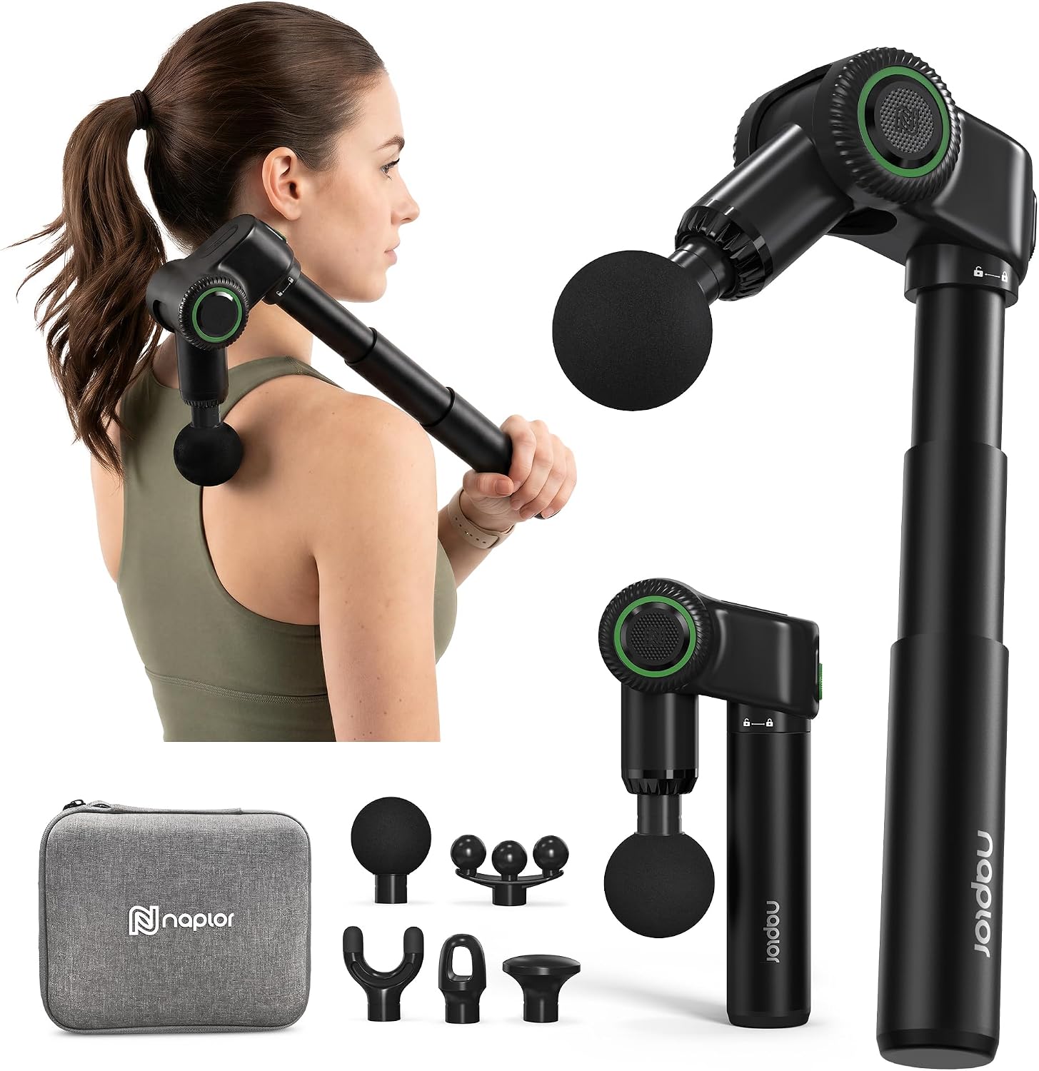 3-in-1 Foldable Massage Gun Deep Tissue with Extension Handle | Back Massager for Pain Relief, 5 Adjustable Angles, Deep Tissue Massage Gun for Back, 10mm Percussion Muscle Gun with Case