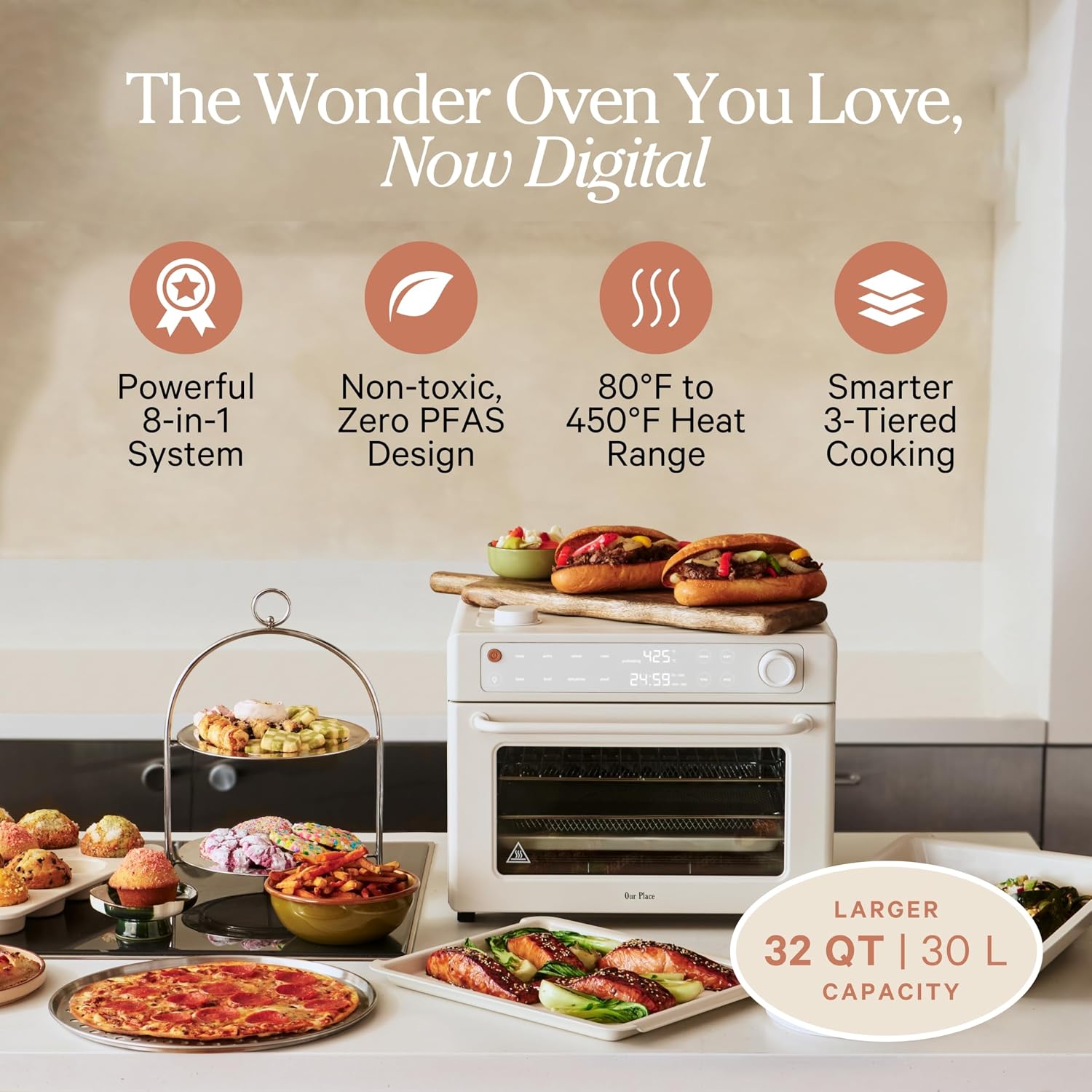 Our Place Wonder Oven Pro, 8-in-1 Digital Air Fryer Oven, 3-Rack, 32 Qt | Non-toxic air fryer toaster oven combo; basket, rack, pan, tray; air fry, toast, roast, bake, reheat, broil, proof, dehydrate - Image 2