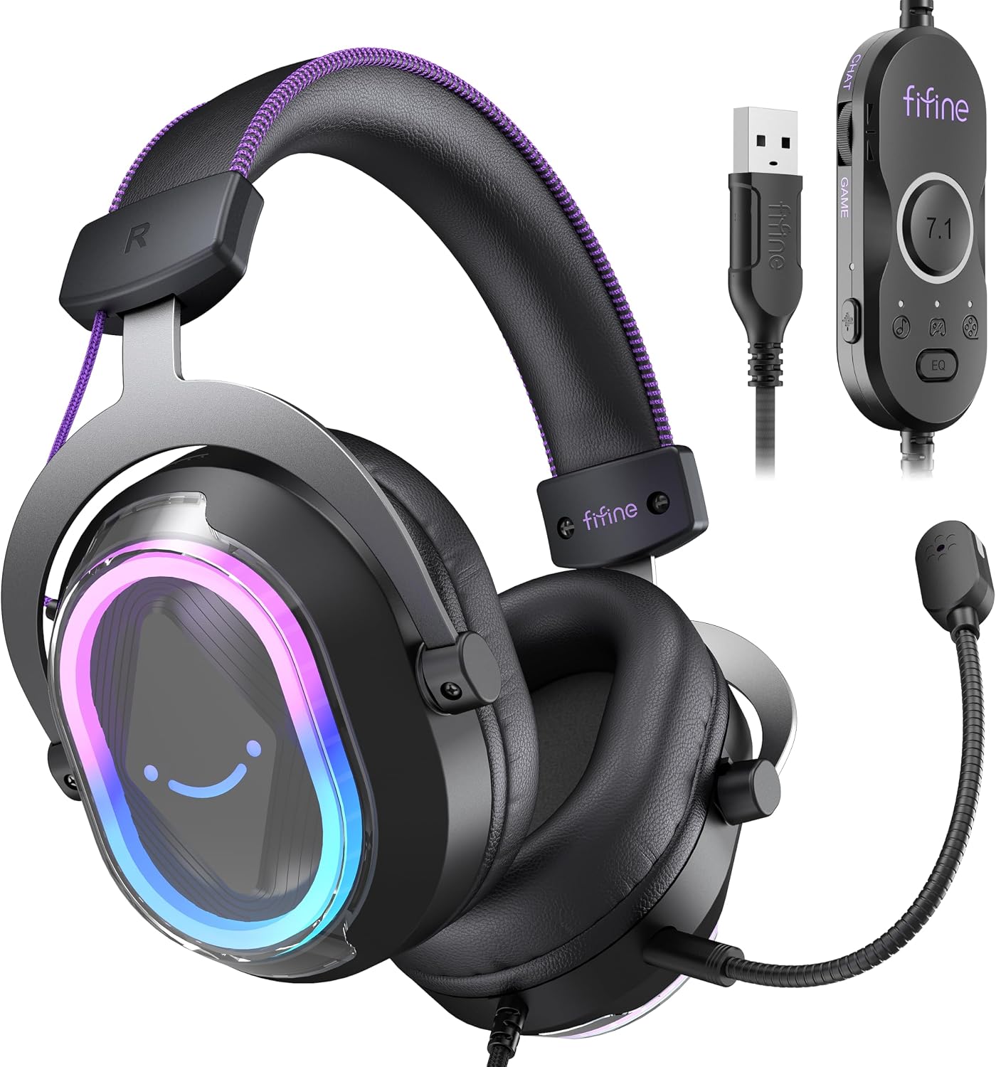 FIFINE Wired Gaming Headsets: 7.1 Surround Sound - Vibrant Customizable RGB - Game/Chat Balance, USB Gamer Headphones with Noise Canceling Microphone for PC, PS5/PS4, Laptop, Mac - AmpliGame H13BP | Large 50mm drivers, Crisp 7.1 Surround, Ergonomic Earpads, Active Noise Canceling Mic, 11 Modes RGB, 3 EQ Modes