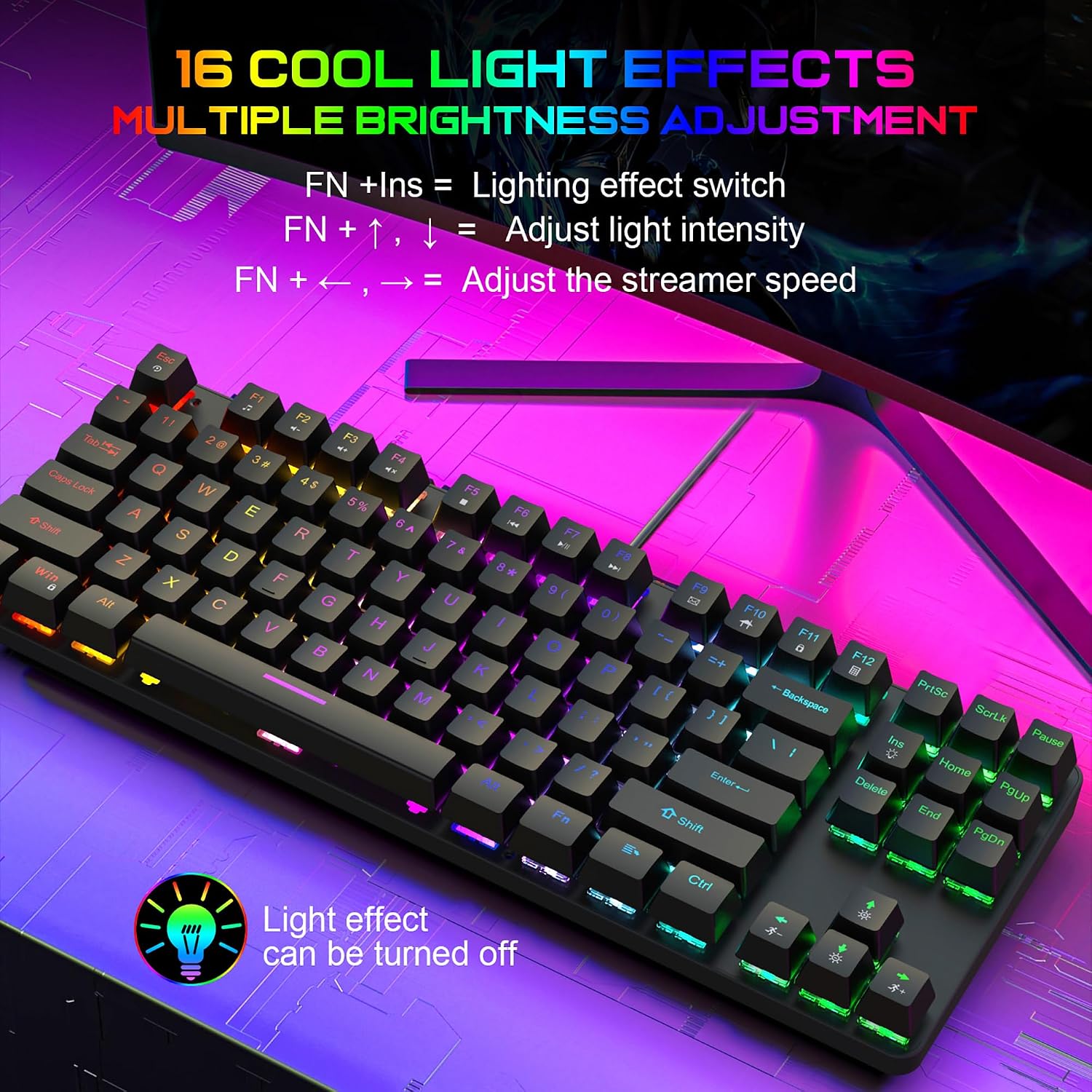 Gaming Mechanical Keyboard, Ergonomic Design, 87 Keys, Multiple Backlight Effects, 1.5m Cable,USB-A Connector Cable, Rich Shortcut Keys - Image 4