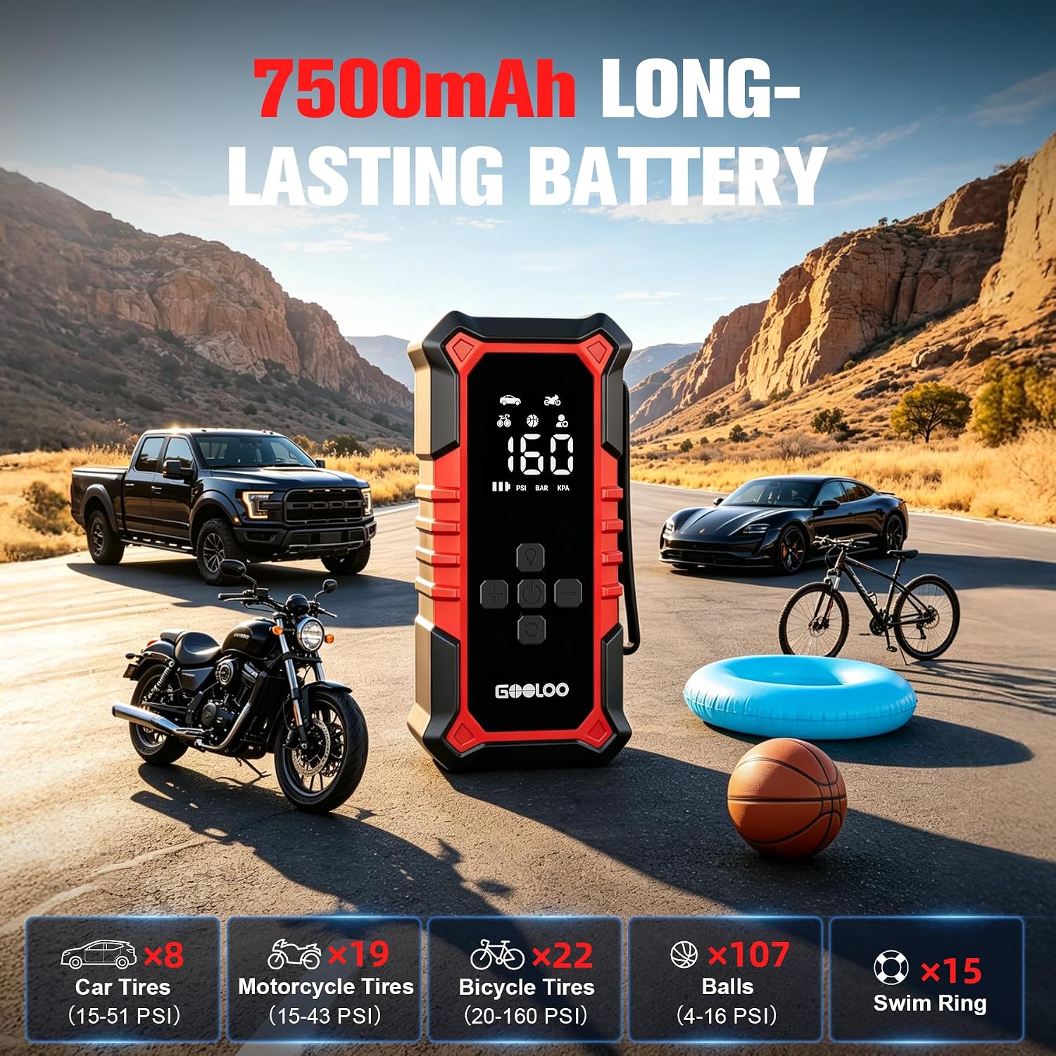 GOOLOO A6 Gear 160 PSI & 7500mAh Tire Inflator Portable Air Compressor | Cordless Tire Inflator with Digital Pressure Gauge & LED Light - 3X Faster Air Pump for Car Tires, Bike, Balls, Auto Shut-Off - Image 3