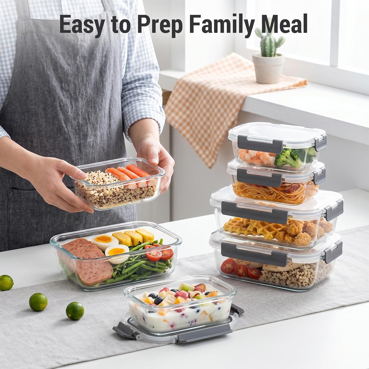 Dealusy 10 Sets 36 oz & 12 oz Glass Food Storage Containers with lids, Gray | 20-Piece Airtight Leak-proof Glass Meal Prep Containers with Lids, Microwave Oven Freezer Dishwasher Safe - Image 6