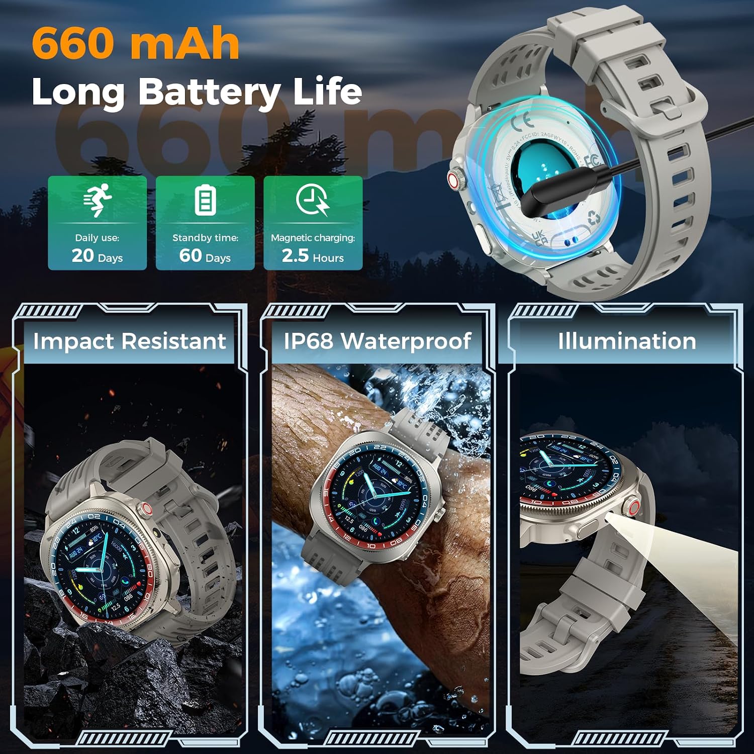 Smart Watch, 1.43" Bluetooth 5.4 Call Military Smartwatch for Men Women, 130+ Sports Modes, 60+Days Flashlight, 24/7 Heart Rate/Sleep Monitor, IP68 Waterproof Fitness Watch Tracker for Android iOS - Image 3