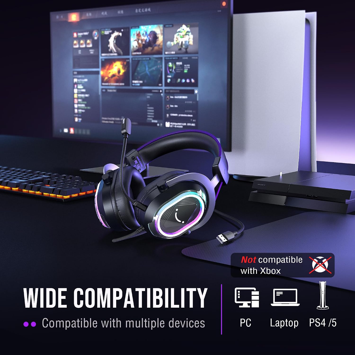 FIFINE Wired Gaming Headsets: 7.1 Surround Sound - Vibrant Customizable RGB - Game/Chat Balance, USB Gamer Headphones with Noise Canceling Microphone for PC, PS5/PS4, Laptop, Mac - AmpliGame H13BP | Large 50mm drivers, Crisp 7.1 Surround, Ergonomic Earpads, Active Noise Canceling Mic, 11 Modes RGB, 3 EQ Modes - Image 8