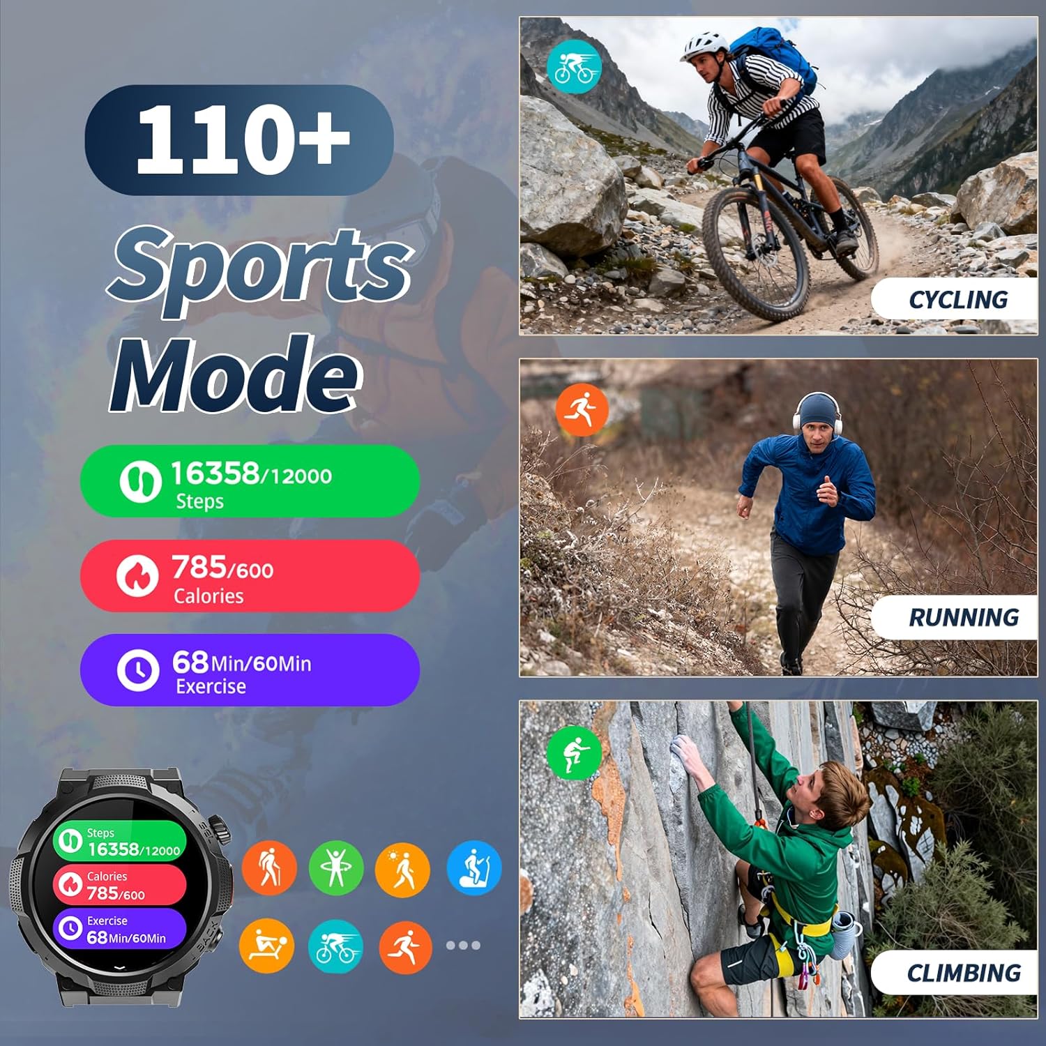 Soudorv Military Smart Watch for Men, 50+ Day Battery Life, Bluetooth Call | 1.53" HD, 110+ sports modes, heart rate/sleep monitor, IP68 waterproof, Fitness Watch with LED Flashlight for iOS/Android - Image 6
