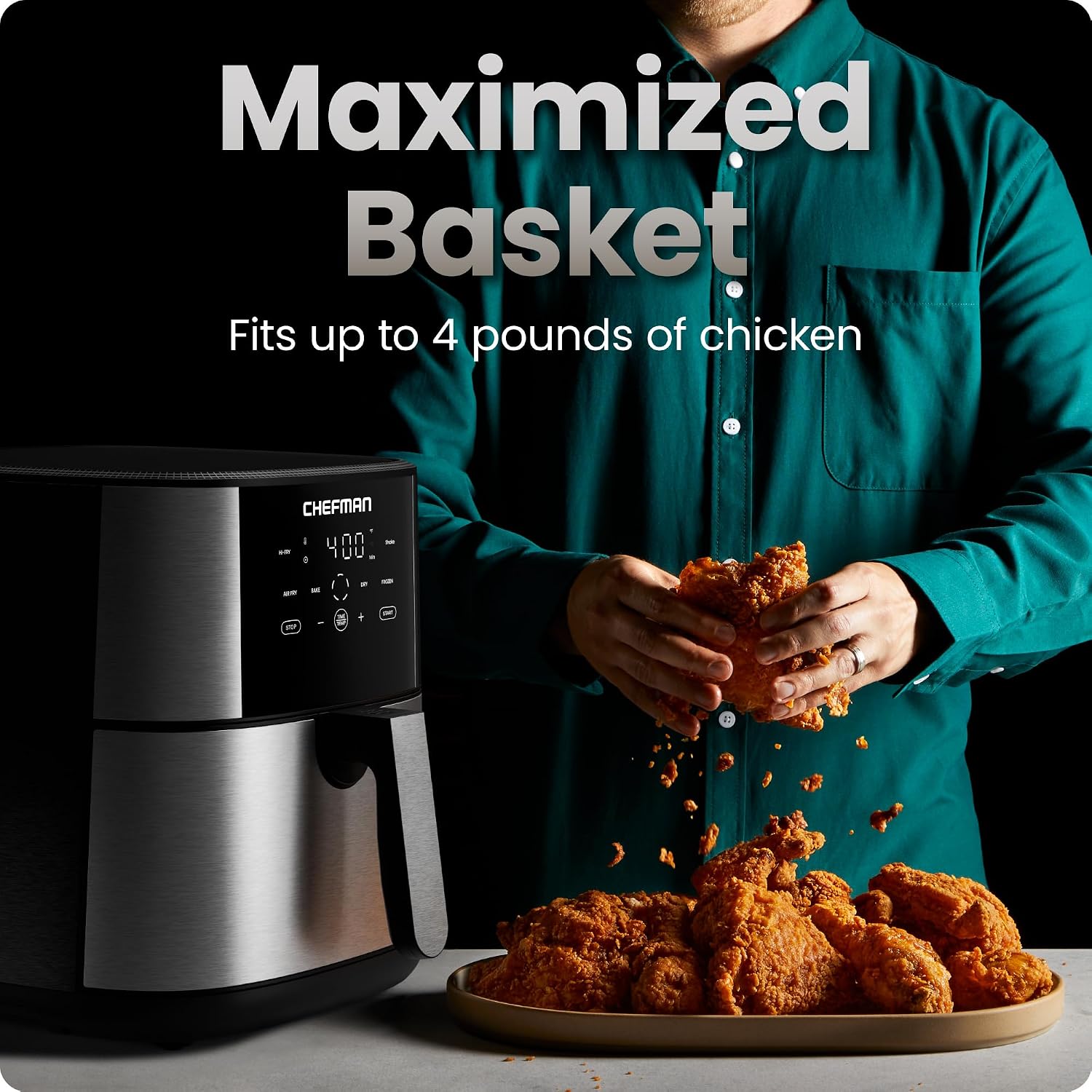 Chefman Air Fryer 8 Qt | TurboFry® 4-in-1 with 450°F Hi-Fry Option for Crispier Results | Bake, Dehydrate, Frozen | XL Nonstick Dishwasher-Safe Basket | Stainless Steel - Image 3