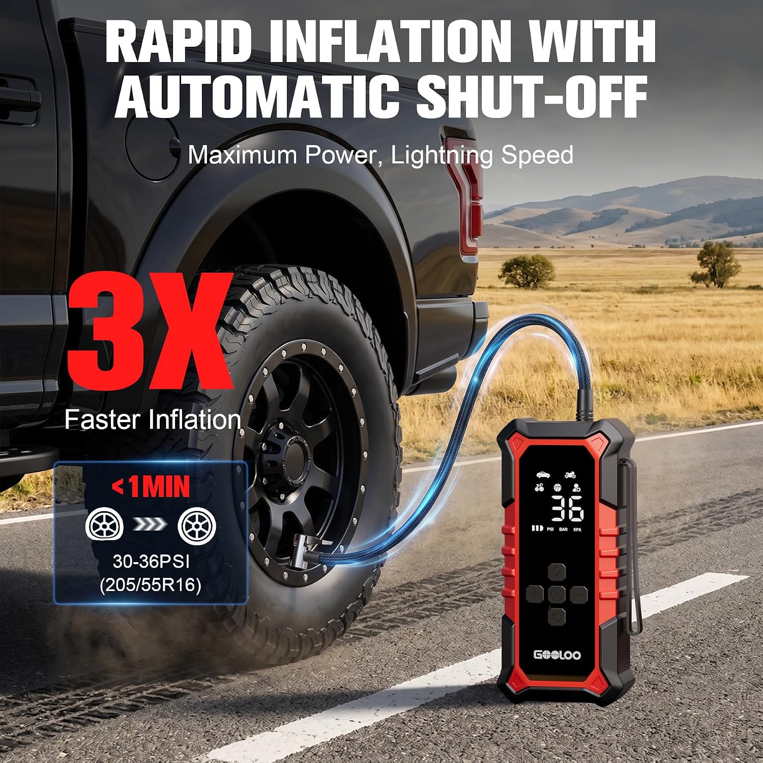 GOOLOO A6 Gear 160 PSI & 7500mAh Tire Inflator Portable Air Compressor | Cordless Tire Inflator with Digital Pressure Gauge & LED Light - 3X Faster Air Pump for Car Tires, Bike, Balls, Auto Shut-Off - Image 2