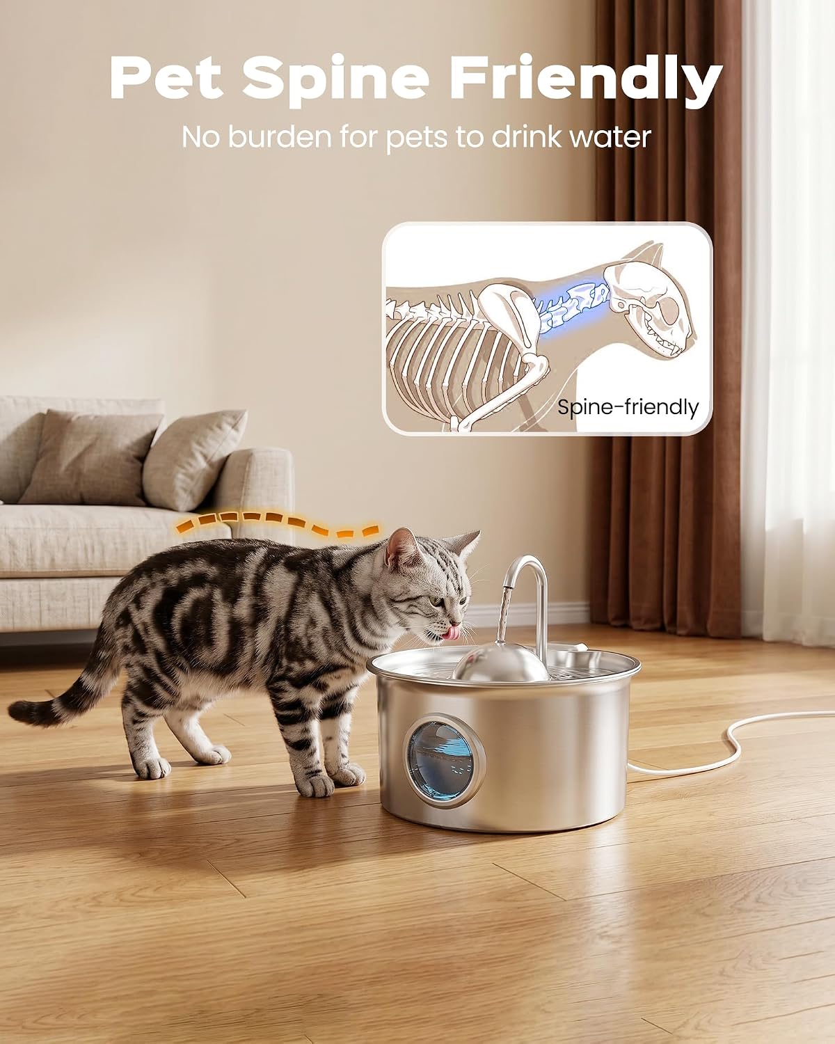Cat Water Fountain Stainless Steel: Pet Water Fountains for Cats Indoor - 88oz/2.6L Cat Fountains for Drinking - Quiet Hemispherical Shape - Automatic Pet Fountain Bowl Dispenser- Small Animals - Image 5