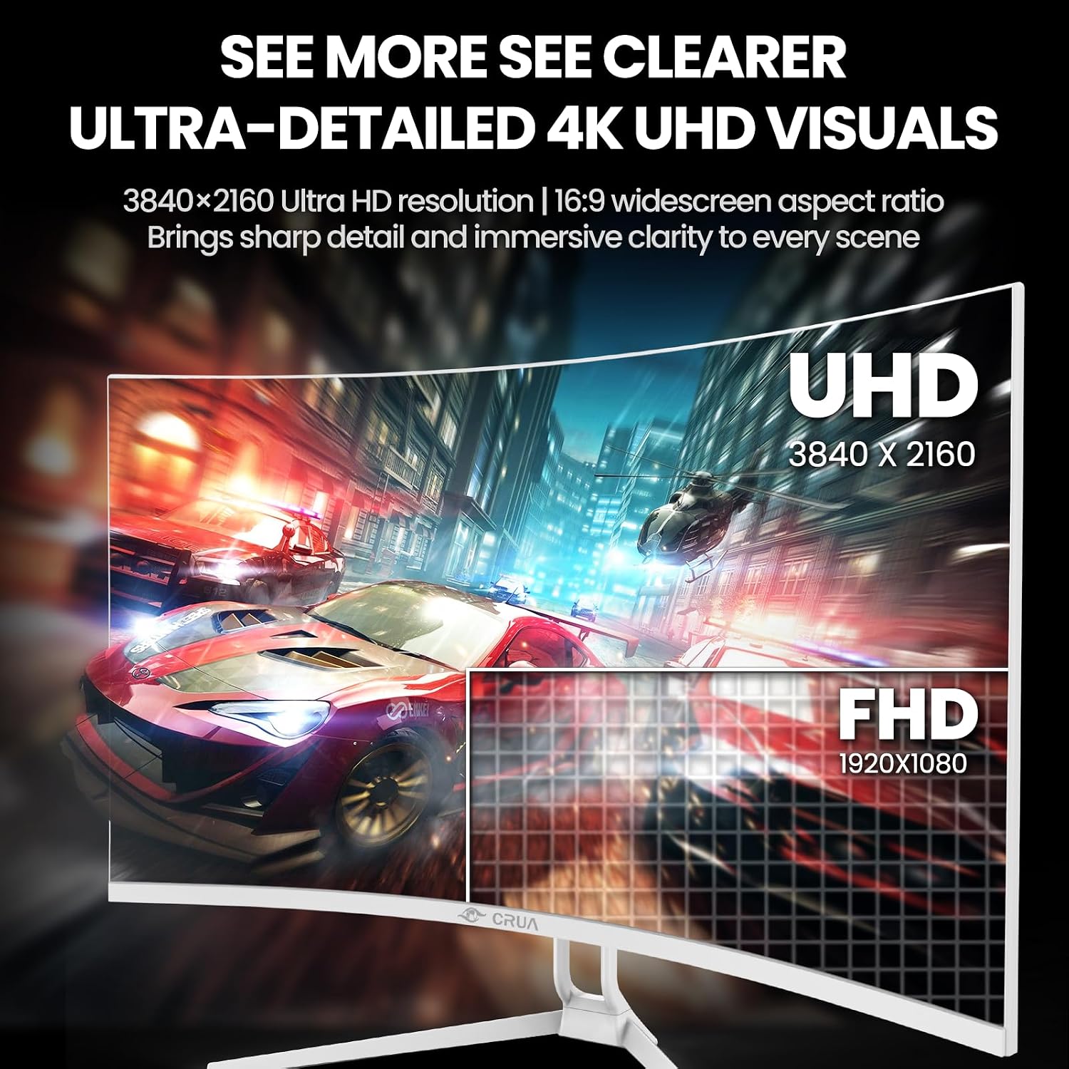 CRUA 32" 4K 240Hz Curved Gaming Monitor, 1500R, FreeSync, Speakers, White | UHD 3840x2160 16:9 VA, 120%sRGB, HDMI2.1/DP1.4, 75x75mm Wall Mount for PC Gaming, Movies, Streaming, Editing and Multitasking - Image 5