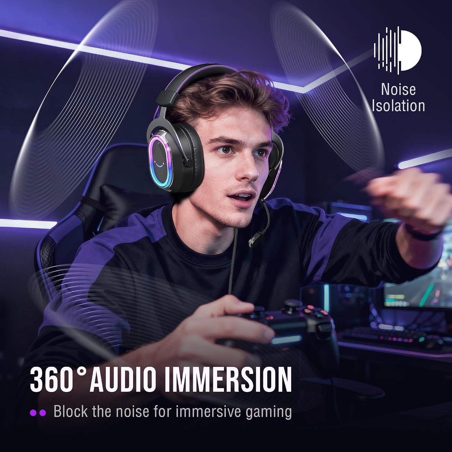 FIFINE Wired Gaming Headsets: 7.1 Surround Sound - Vibrant Customizable RGB - Game/Chat Balance, USB Gamer Headphones with Noise Canceling Microphone for PC, PS5/PS4, Laptop, Mac - AmpliGame H13BP | Large 50mm drivers, Crisp 7.1 Surround, Ergonomic Earpads, Active Noise Canceling Mic, 11 Modes RGB, 3 EQ Modes - Image 3