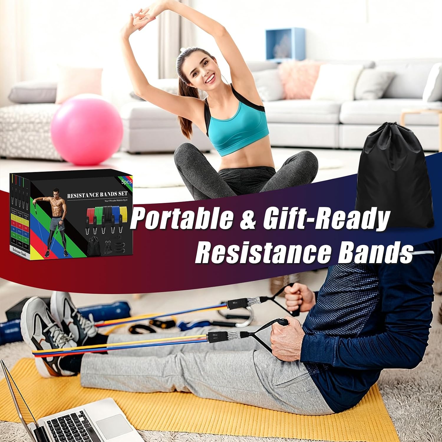 Resistance Bands with Handles, 5-Level Exercise Bands with Handles | Resistance Bands for Men and Women, Exercise Bands for Full-Body Training, Fitness, Physical Therapy, Workout Bands at Home; - Image 7