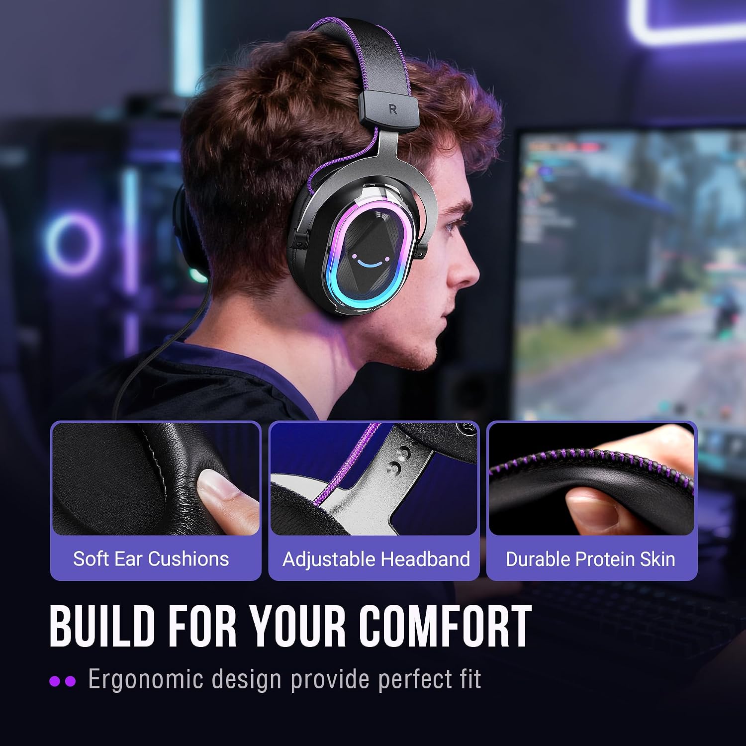 FIFINE Wired Gaming Headsets: 7.1 Surround Sound - Vibrant Customizable RGB - Game/Chat Balance, USB Gamer Headphones with Noise Canceling Microphone for PC, PS5/PS4, Laptop, Mac - AmpliGame H13BP | Large 50mm drivers, Crisp 7.1 Surround, Ergonomic Earpads, Active Noise Canceling Mic, 11 Modes RGB, 3 EQ Modes - Image 4