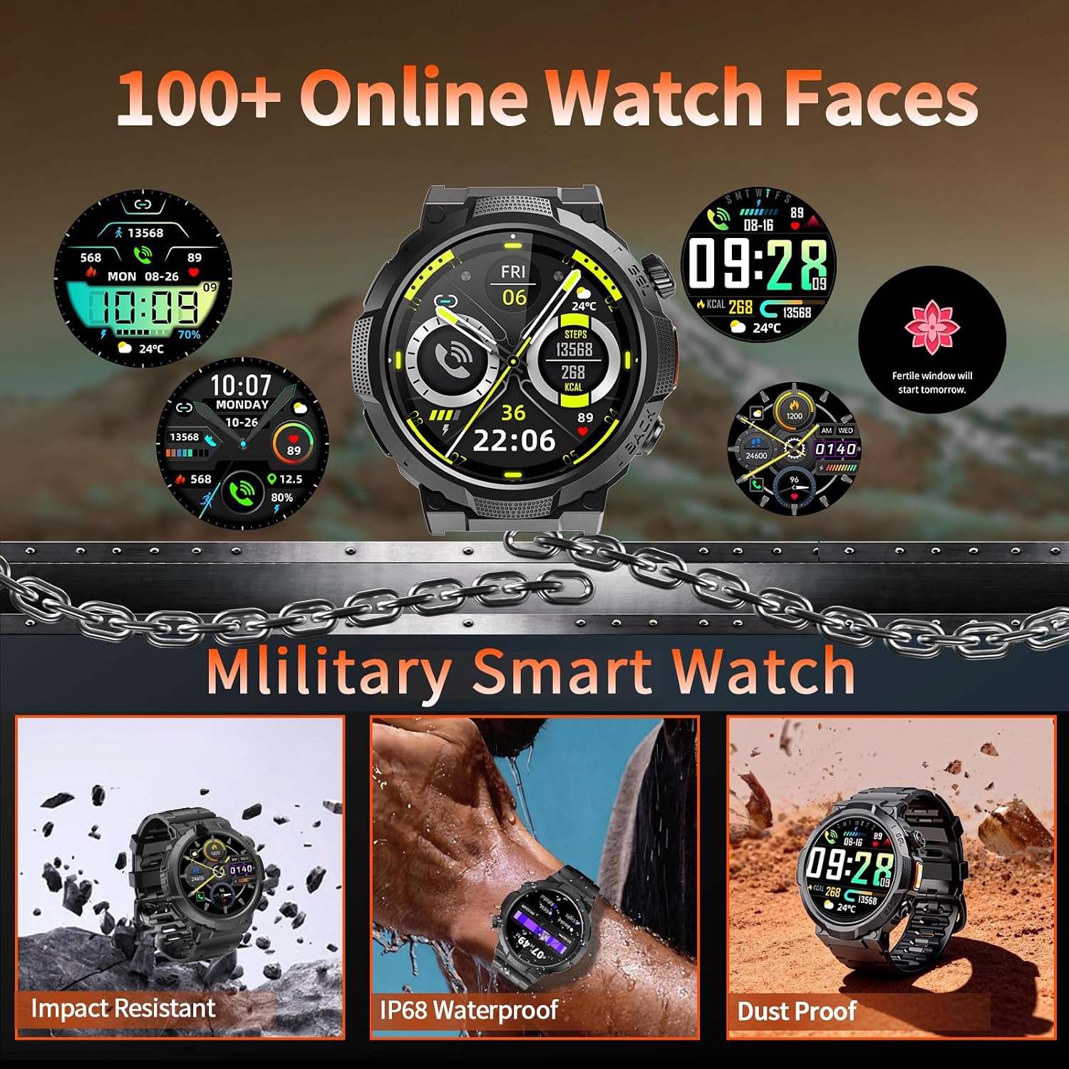 Soudorv Military Smart Watch for Men, 50+ Day Battery Life, Bluetooth Call | 1.53" HD, 110+ sports modes, heart rate/sleep monitor, IP68 waterproof, Fitness Watch with LED Flashlight for iOS/Android - Image 7