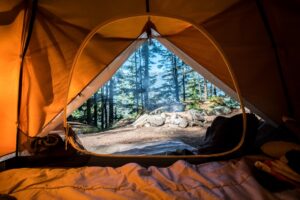 A serene campsite with a tent set up in a forest, surrounded by trees and a small campfire.