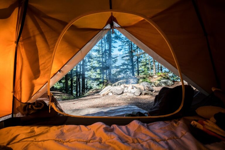 A serene campsite with a tent set up in a forest, surrounded by trees and a small campfire.